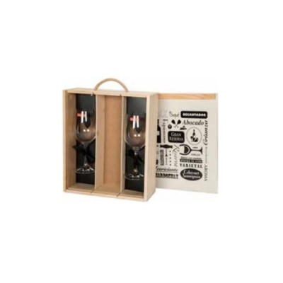 Caja de Madera 1BT + 2 Copas Vino