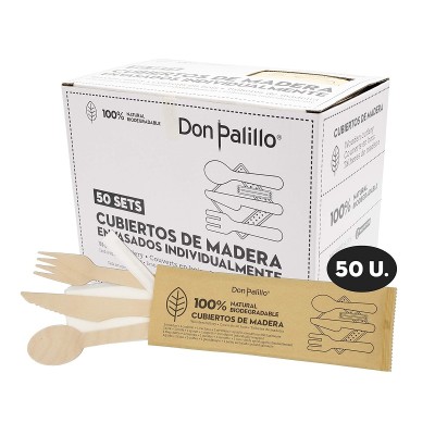 Set de 4 Cubiertos de Madera y Servilletas 50U